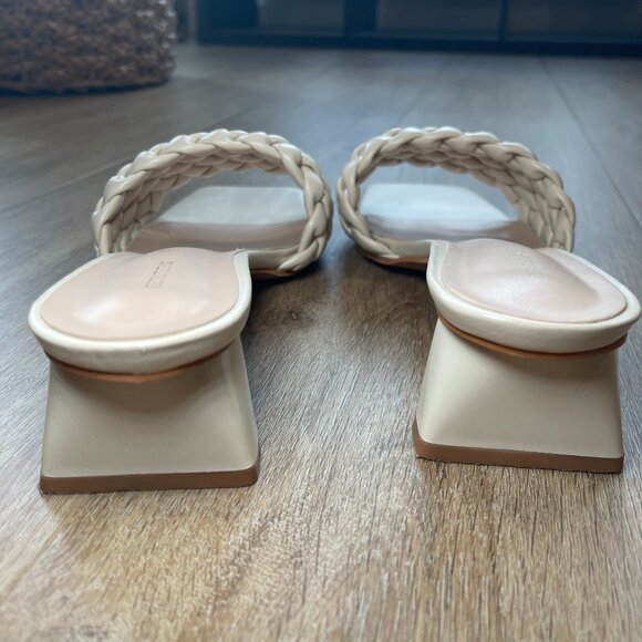 Cream Plaited Strap Low Block Flare Heel Mules - Picture 4 of 11